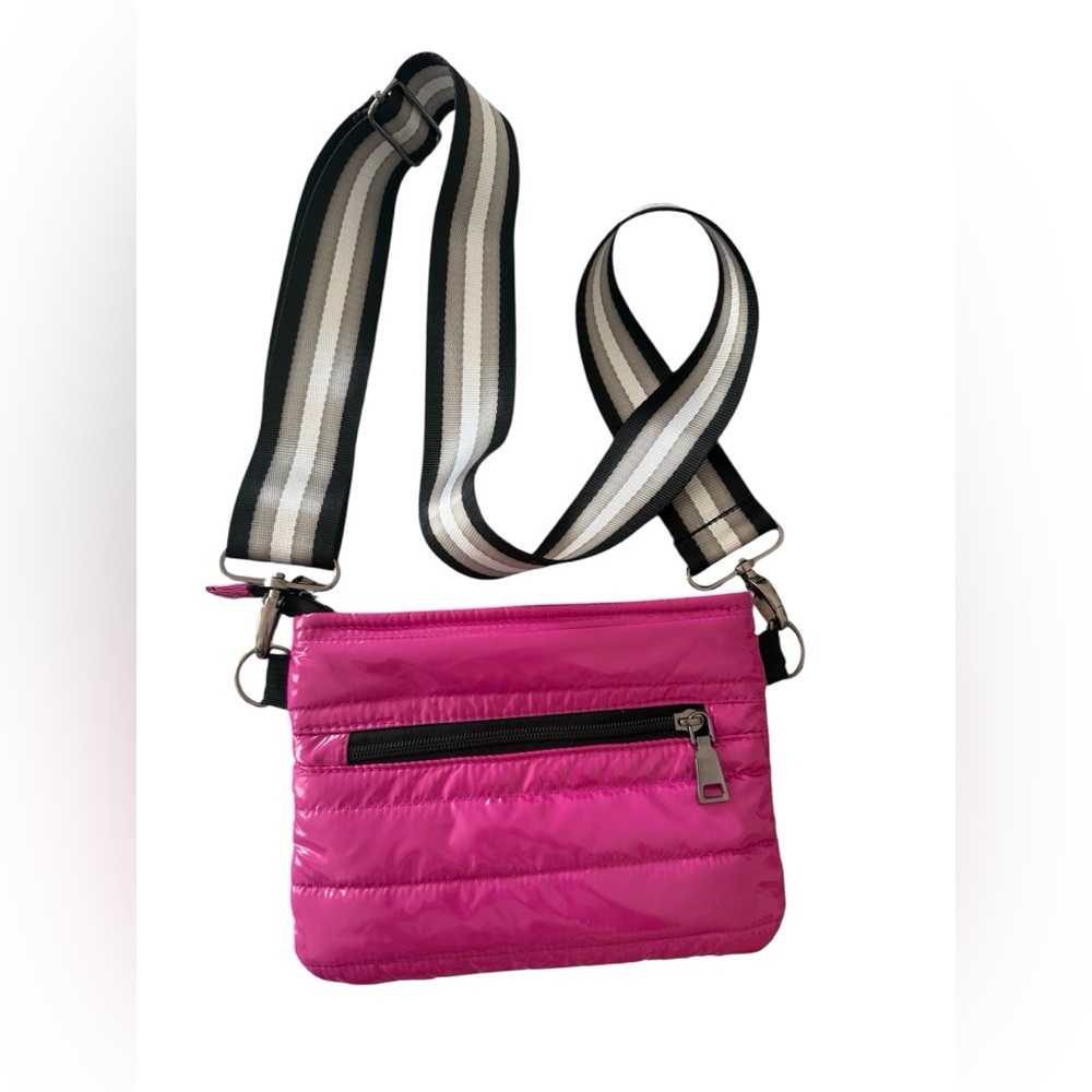 THINK ROYLN Fuchsia Quilted Crossbody Bag with Striped Strap